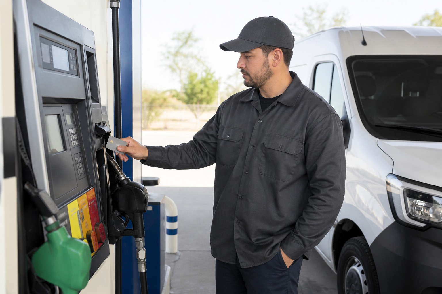 Business driver using a fuel card at a gas station pump beside a company vehicle.