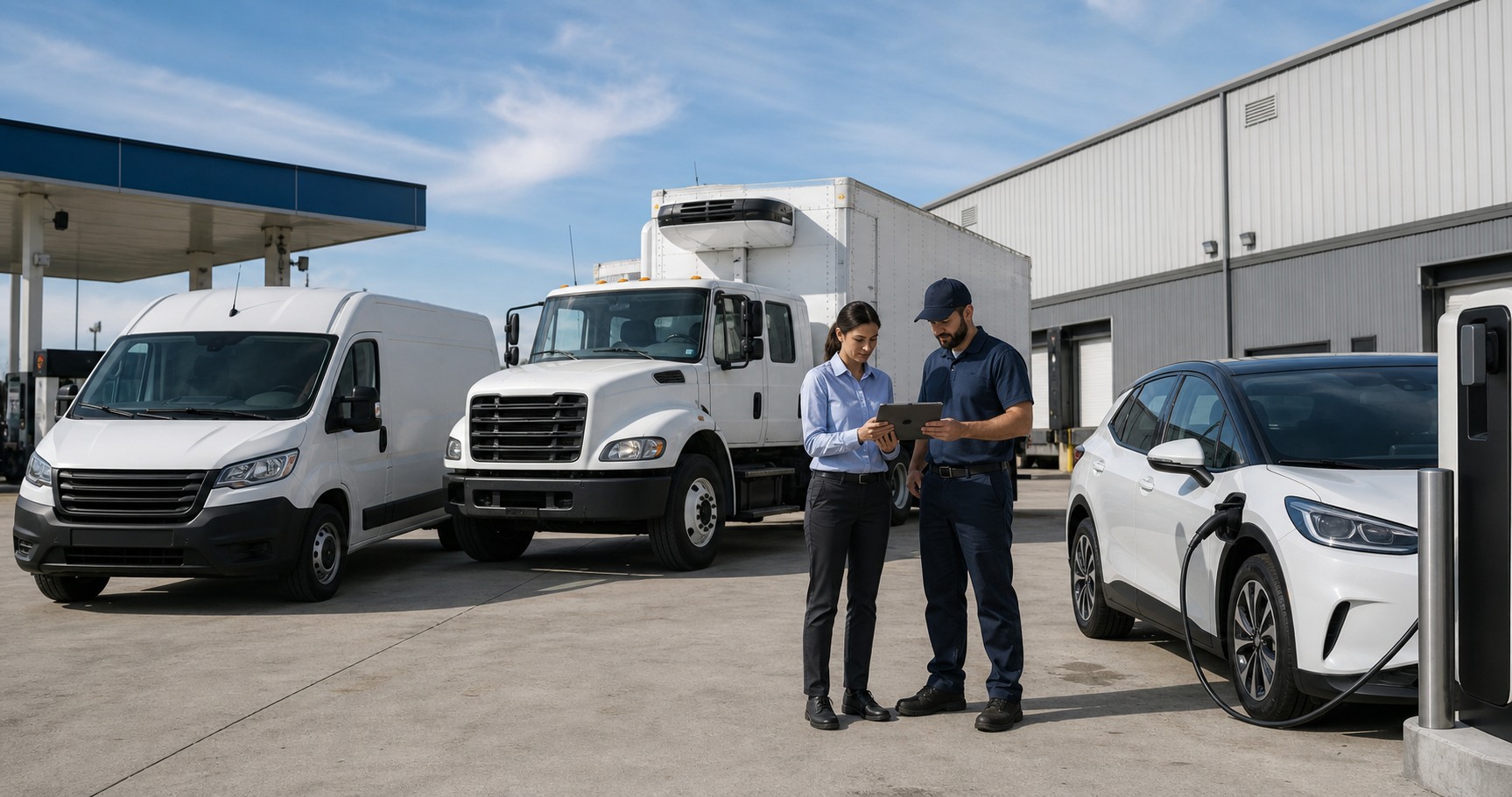 Mixed business fleet with vans, a truck, and an electric vehicle charging while employees review fleet operations on a tablet.