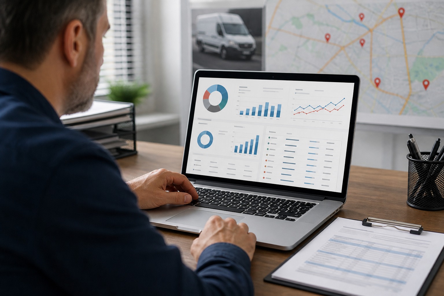 Fleet manager reviewing fuel-card reporting, transaction summaries, and expense charts on a laptop.